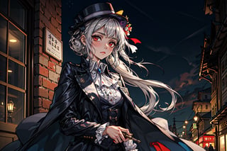 1girl, white long hair, red eyes, small breast, emotionless, victorian investigator clothing, night