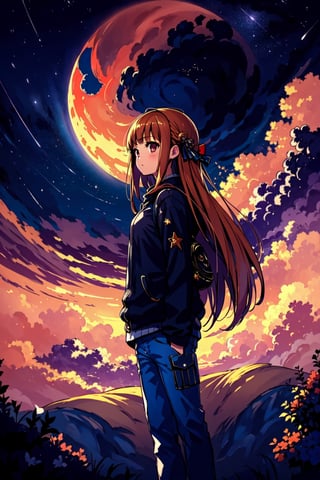 highres, (1girl:1.4), futaba, orange long hair, EpicArt, outdoors, sky, cloud, night, cloudy_sky, star_(sky), night_sky, scenery, starry_sky, crescent_moon, open angle