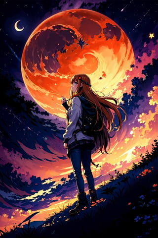 highres, (1girl:1.4), futaba, orange long hair, EpicArt, outdoors, sky, cloud, night, cloudy_sky, star_(sky), night_sky, scenery, starry_sky, crescent_moon