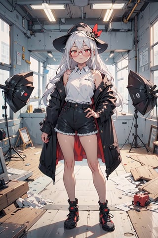 1girl, sole female, long hair, white hair, glasses, :3, jitome, red eyes, photo studio background, black coat, white shirt, black shorts, sneekers, legwears, cute hat, skindentation, posing, skinny, fullbody shot, photostudio, shooting light, indoors, light, cyclorama, white cyclorama