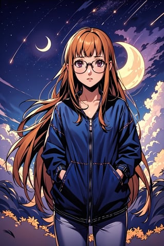 highres, (1girl:1.4), futaba, orange long hair, EpicArt, outdoors, sky, cloud, night, cloudy_sky, star_(sky), night_sky, scenery, starry_sky, crescent_moon, glasses, hands in pockets, close up