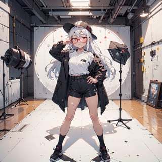 1girl, sole female, long hair, white hair, glasses, :3, jitome, red eyes, photo studio background, black coat, white shirt, black shorts, sneekers, legwears, cute hat, skindentation, posing, skinny, fullbody shot, photostudio, shooting light, indoors, light, cyclorama, white cyclorama