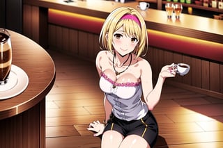 1girl, solo, (blonde:1.2), short hair, sidelocks, pink hairband, medium breasts, light smile, brown eyes, cafe, cofee bar, white shirt, black shorts, necklace, brazalet, bare shoulders, sitting, full body