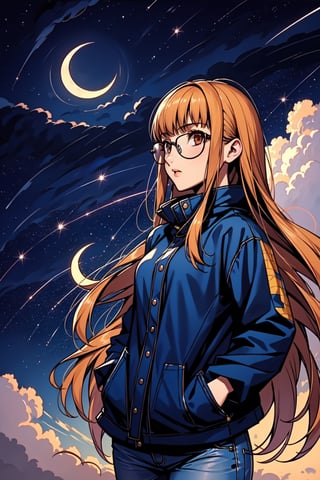 highres, (1girl:1.4), futaba, orange long hair, EpicArt, outdoors, sky, cloud, night, cloudy_sky, star_(sky), night_sky, scenery, starry_sky, crescent_moon, glasses, hands in pockets, close up