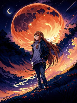 highres, (1girl:1.4), futaba, orange long hair, EpicArt, outdoors, sky, cloud, night, cloudy_sky, star_(sky), night_sky, scenery, starry_sky, crescent_moon, glasses, hands in pockets, close up