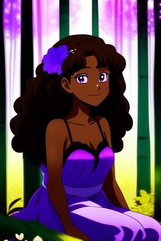 anime style/black woman/age 18/curly brown hair/long hair/one brown eye/big eyes/thick body/no blurriness/forest background//huh/purple dress/sitting/happy/smiling/flowers
