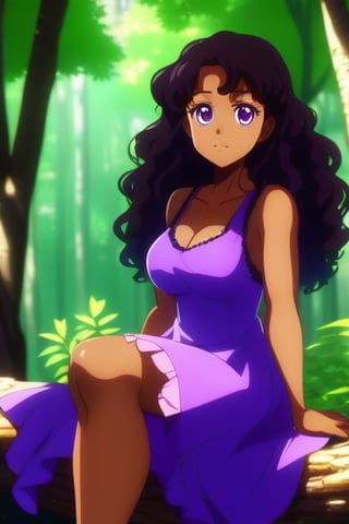 anime style/black woman/age 18/curly brown hair/long hair/one brown eye/big eyes/thick body/no blurriness/forest background//huh/purple dress/sitting/happy
