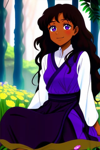 anime style/black woman/age 18/curly brown hair/long hair/one brown eye/big eyes/thick body/no blurriness/forest background//huh/purple dress/sitting/happy/smiling/flowers/more background/stout lady

