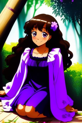 anime style/black woman/age 18/curly brown hair/long hair/one brown eye/big eyes/thick body/no blurriness/forest background//huh/purple dress/sitting/happy/smiling/flowers
