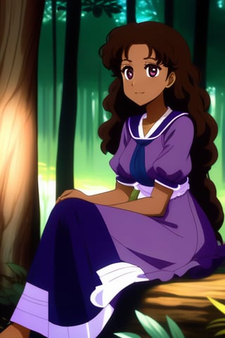 anime style/black woman/age 18/curly brown hair/long hair/one brown eye/big eyes/thick body/no blurriness/forest background//huh/purple dress/sitting/happy
