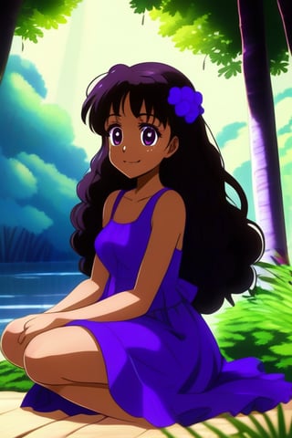 anime style/black woman/age 18/curly brown hair/long hair/one brown eye/big eyes/thick body/no blurriness/forest background//huh/purple dress/sitting/happy/smiling/flowers/more background
