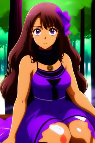 anime style/black woman/curly brown hair/long hair/one brown eye/big eyes/thick body/no blurriness/forest background//huh/purple dress/sitting
