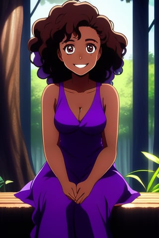 anime style/black woman/age 18/curly brown hair/long hair/one brown eye/big eyes/thick body/no blurriness/forest background//huh/purple dress/sitting/happy/smiling
