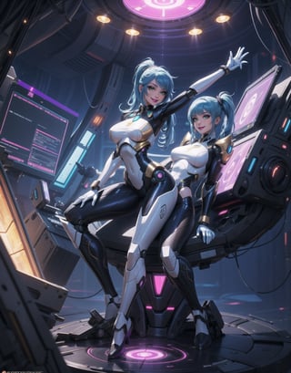 Masterpiece in 4K quality, featuring the Super Metroid style with a futuristic fusion of mecha musume. | A beautiful woman with a robotic body, clad in an all-white mecha musume suit adorned with small blue areas and circular golden lights. Her blue hair, with abundant bangs covering the right eye, two pigtails, and disheveled, adds a unique touch to her appearance. The expression of pure joy reflects directly to the viewer as she adopts a sensual pose, leaning back in a dynamic way and reclining on a large structure in the scene. | Inside an ultra-technological aircraft, the setting is filled with machines, computers, futuristic structures, and Super Metroid-style monitors. The camera is very close, focusing on her entire body, revealing every detail of the cybernetic armor and puppet-like limbs. | She is immersed in her environment, interacting with enthusiasm as she sensually leans on the structure, providing a dynamic and exciting scene. | She is adopting a ((sensual pose as interacts, boldly leaning on a large structure, leaning back in a dynamic way):1.3), ((full body)), perfect hand, fingers, hand, perfect, better_hands, Big, More Detail,3d