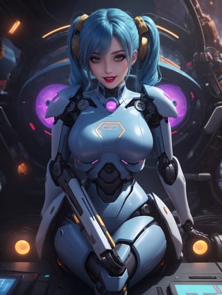 Masterpiece in 4K quality, featuring the Super Metroid style with a futuristic fusion of mecha musume. | A beautiful woman with a robotic body, clad in an all-white mecha musume suit adorned with small blue areas and circular golden lights. Her blue hair, with abundant bangs covering the right eye, two pigtails, and disheveled, adds a unique touch to her appearance. The expression of pure joy reflects directly to the viewer as she adopts a sensual pose, leaning back in a dynamic way and reclining on a large structure in the scene. | Inside an ultra-technological aircraft, the setting is filled with machines, computers, futuristic structures, and Super Metroid-style monitors. The camera is very close, focusing on her entire body, revealing every detail of the cybernetic armor and puppet-like limbs. | She is immersed in her environment, interacting with enthusiasm as she sensually leans on the structure, providing a dynamic and exciting scene. | She is adopting a ((sensual pose as interacts, boldly leaning on a large structure in the scene, leaning back in a sensual way, adding a unique touch to the scene.):1.3), ((Full body)), perfect hand, fingers, hand, perfect, better_hands, Big, More Detail.