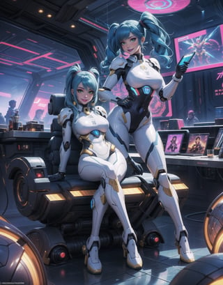 Masterpiece in 4K quality, featuring the Super Metroid style with a futuristic fusion of mecha musume. | A beautiful woman with a robotic body, clad in an all-white mecha musume suit adorned with small blue areas and circular golden lights. Her blue hair, with abundant bangs covering the right eye, two pigtails, and disheveled, adds a unique touch to her appearance. The expression of pure joy reflects directly to the viewer as she adopts a sensual pose, leaning back in a dynamic way and reclining on a large structure in the scene. | Inside an ultra-technological aircraft, the setting is filled with machines, computers, futuristic structures, and Super Metroid-style monitors. The camera is very close, focusing on her entire body, revealing every detail of the cybernetic armor and puppet-like limbs. | She is immersed in her environment, interacting with enthusiasm as she sensually leans on the structure, providing a dynamic and exciting scene. | She is adopting a ((sensual pose as interacts, boldly leaning on a large structure, leaning back in a dynamic way):1.3), ((full body)), perfect hand, fingers, hand, perfect, better_hands, Big, More Detail,3d