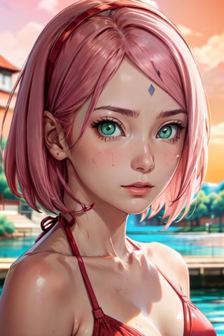 (masterpiece), best quality, expressive eyes, perfect face, looking at viewer, close-up on face, haruno sakura, ((red bikini)), red hairband, forehead mark, short hair, pink hair, green eyes, medium breasts, orange sky, lake, 