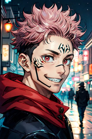 (masterpiece), best quality, expressive eyes, perfect face, looking at viewer, front view, close-up on face, 1male, SUKUNA, smile, red eyes, pink hair, TATTOO_ON_HIS_FACE, school uniform, black jacket, red hood, street, city, night, itadori yuji