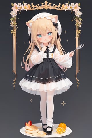  (cinematic lighting), dreamy atmosphere, Ray tracing, (((solo))), (loli:1.5), (child:1.5), (petite:1.5), green eyes, (animal ears), dress, solo, food, blonde hair, open mouth, long hair, pancake, flower, holding, bow, smile, fork, bird, socks, looking at viewer, shoes, striped background, holding fork, bonnet, striped, frills, long sleeves, :d, yellow dress, bangs, eyebrows visible through hair, blush, green nails, hair bow, nail polish, diagonal stripes, chick, sparkle, frilled dress, orange bow, fruit, full body, :3, hair between eyes, green bow, puffy sleeves, heart, lemon, orange footwear, animal ear fluff, white bow, cat ears, bobby socks, orange headwear, see-through sleeves, blue background, striped bow, hair ornament, white legwear, mary janes