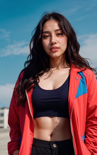 3D, beautiful, raw photo, photograph, intricate, photo of beautiful korean woman, wavy hair, skin texture, pores, in backlight red and blue gradient random background, cinematic, jacket black, full_body, camera_view, full clothes, 