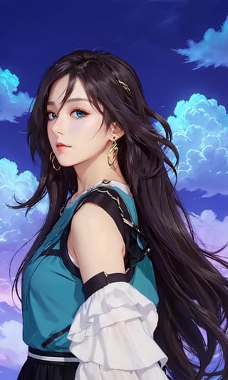 xxmixgirl, (masterpiece:1.0), (highest quality:1.12), (HDR:1.0), a girl with long hair looking at viewer, with a teal background and a indigo sky, constant, vaporwave colors, a character portrait, synchronization, detailed, realistic, 8k uhd, high quality