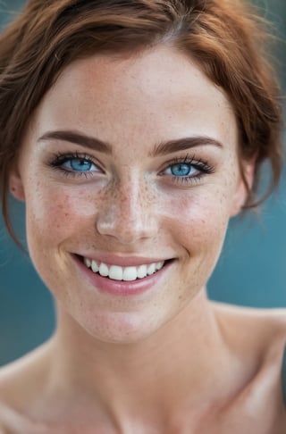 beautiful lady, (freckles), big smile, blue eyes, short hair, dark makeup, hyperdetailed photography, soft light, head and shoulders portrait, cover