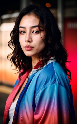 3D, beautiful, raw photo, photograph, intricate, photo of beautiful korean woman, wavy hair, skin texture, pores, in backlight red and blue gradient random background, cinematic, jacket black, 