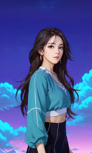 xxmixgirl, (masterpiece:1.0), (highest quality:1.12), (HDR:1.0), a girl with long hair looking at viewer, with a teal background and a indigo sky, constant, vaporwave colors, a character portrait, synchronization, detailed, realistic, 8k uhd, high quality