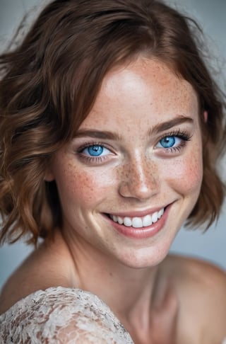 beautiful lady, (freckles), big smile, blue eyes, short hair, dark makeup, hyperdetailed photography, soft light, head and shoulders portrait, cover