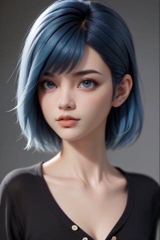 1girl, looking at viewer, short hair, eyelashes, streaked hair, portrait, white hair, shirt, blue hair, black shirt, buttons, nose, lips, solo, blue eyes, parted lips, upper body
