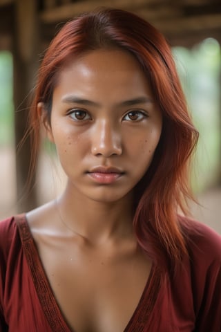 Portrait Photo a portrait,  hyperdetailed indonesian photography,  by Elizabeth Polunin,  red haired young indonesian woman,  brooklyn,  looking straight to camera,  sweaty,  olya bossak,  nepal,  very accurate photo,  suspiria