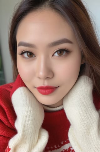 indonesian instagram photo, closeup face photo hyperdetailed of 19 y.o Rebecca indonesian in red and white sweater, cleavage, pale skin, (smile:0.4), hard shadows, aku cantik, aku imut, 