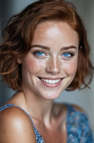 beautiful lady, (freckles), big smile, blue eyes, short hair, dark makeup, hyperdetailed photography, soft light, head and shoulders portrait, cover