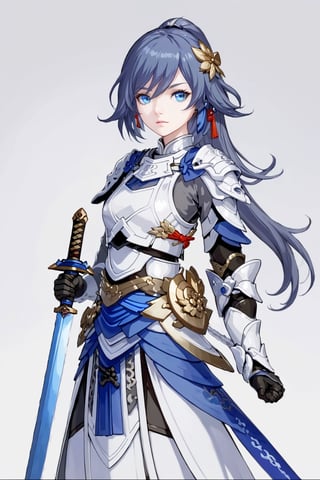 (masterpiece:1.3), (the best quality:1.2), (super fine illustrations:1.2), (Masterpiece), high quality, high detail,((white background:1.2)), looking at viewer, (SOLO:1.4),outline,,simple background, fu_hua, shoulder_armor, armor, chinese_armor, hair_between_eyes, blue_eyes, hair_bow,chinese sword,girl