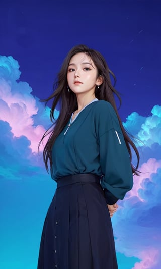 xxmixgirl, (masterpiece:1.0), (highest quality:1.12), (HDR:1.0), a girl with long hair looking at viewer, with a teal background and a indigo sky, constant, vaporwave colors, a character portrait, synchronization, detailed, realistic, 8k uhd, high quality