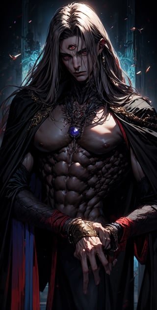 A crooked man in his black suit,the skin of his chest being removed showing muscle,1male,muscular_body,sthoutfit,DonMDj1nnM4g1cXL ,demonic third eye,niji,flowing hair,long_hair.