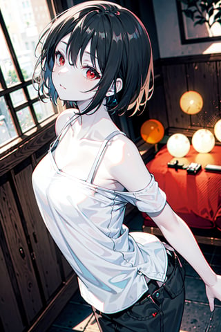 ((female)), (solo:1.2), ((masterpiece)), ((pale skin)), (bokeh effect), (dynamic angle), dynamic pose, black hair, straight hair, red eyes, ((tall)), (casual), interior, ((bare shoulders shirt)), (collarbone), (off shoulders), arching back