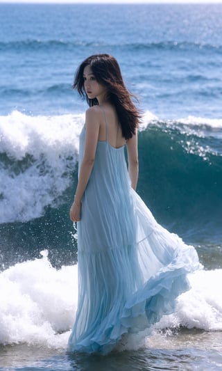 xxmixgirl,1girl,solo,light_blue_hair,liquid hair, long hair,floating hair, full body, standing,sundress, liquid clothes, water,waves, tsunami,tide,sea,water dress,