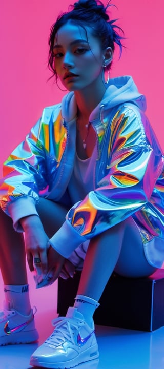 xxmixgirl, blue neon lights, somber expression, photorealistic, hyperdetailed, hyperrealism, cinematic, full body
flowing rainbow colored holographic background. Keywords: nike,  holographic,  iridescent,  vaporwave,  fluid., 