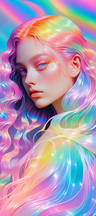 1girl, solo,long wavy hair,flowing rainbow colored holographic background,portrait, holographic, iridescent, vaporwave, fluid,niji style,realistic