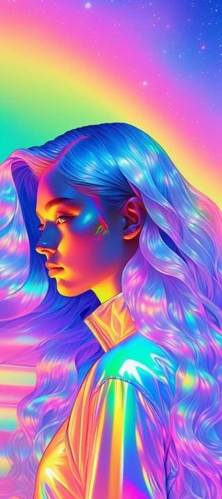 1girl, solo,long wavy hair,flowing rainbow colored holographic background,nike, holographic, iridescent, vaporwave, fluid,niji style,realistic