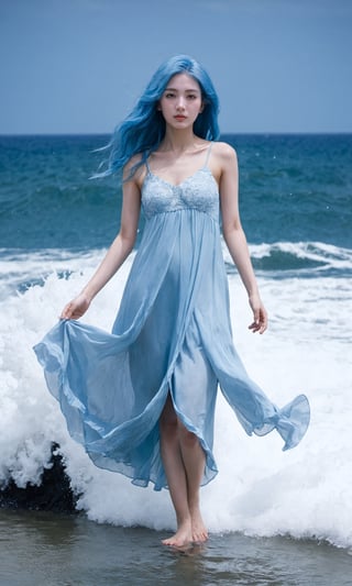 xxmixgirl,1girl,solo,light_blue_hair,liquid hair, long hair,floating hair, full body, standing,sundress, liquid clothes, water,waves, tsunami,tide,sea,water dress,