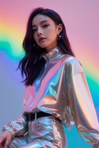 xxmixgirl, 1girl beautiful, flowing rainbow colored holographic background. Keywords: nike, holographic, iridescent, vaporwave, fluid., 