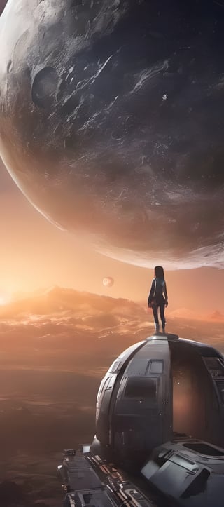 1 girl, spaceship, sci-fi, moon, movie scean, realistic, high_resolution, high detail, 