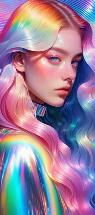 1girl, solo,long wavy hair,flowing rainbow colored holographic background,portrait, holographic, iridescent, vaporwave, fluid,niji style,realistic