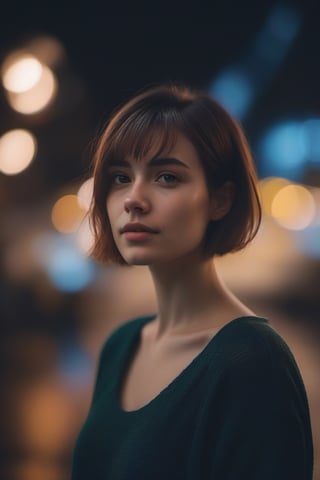  aesthetic portrait, 1girl,solo, short hair, bokeh, depth of field, cinematic, nighttime 