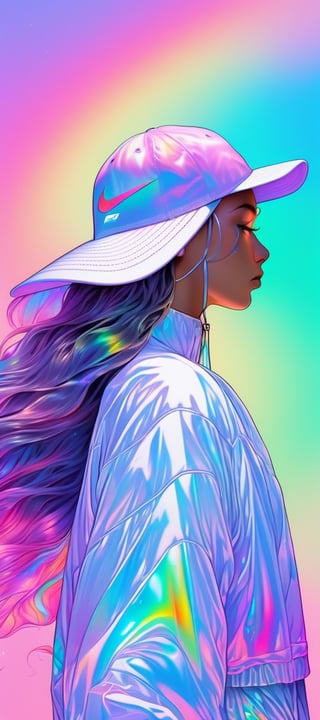 1girl, solo,long wavy hair,flowing rainbow colored holographic background,nike, holographic, iridescent, vaporwave, fluid,niji style,realistic