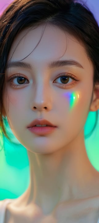 xxmixgirl, 1girl beautiful face goodlooking, flowing rainbow colored holographic background. Keywords: nike, holographic, iridescent, vaporwave, fluid., ,xxmix_girl