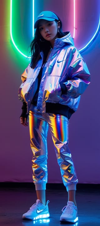 xxmixgirl, blue neon lights, somber expression, photorealistic, hyperdetailed, hyperrealism, cinematic, full body
flowing rainbow colored holographic background. Keywords: nike,  holographic,  iridescent,  vaporwave,  fluid., 