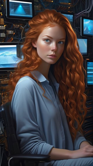 she's a geek, long ginger hair and hazel eyes, comfy clothing, relaxing, monitors, programmer , motherboards, shiny aura, highly detailed, perfect composition, digital painting, artstation, concept art, smooth, sharp focus, illustration, highly detailed, extremely detailed, delicate detail, crisp quality, ultra realistic, hyperrealistic, surrealism, dark art, Mysterious